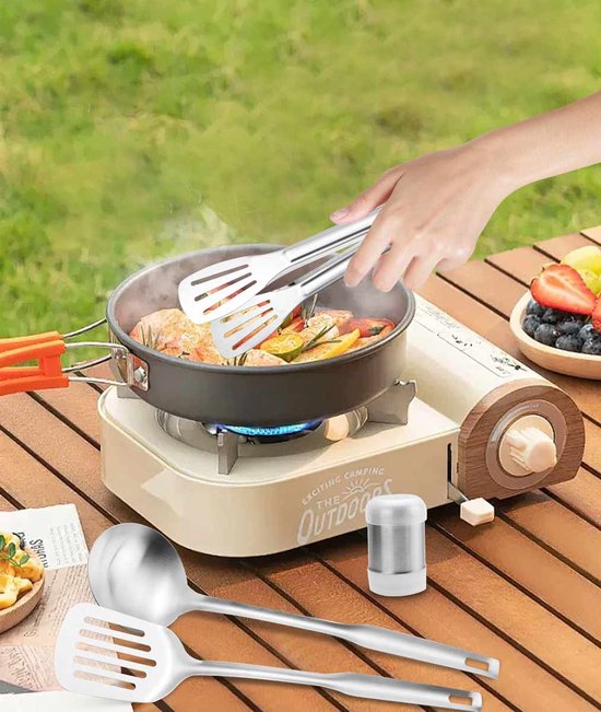 Camping Kookset 11-delig - RVS - Lichtgewicht & Draagbaar - Inclusief Mes, Snijplank & Bestek - Outdoor Keukenset — afbeelding 5
