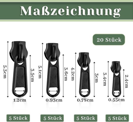 Ritssluiting Reparatie Set - Schuifjes Vervangen - Kleding Repareren - Universeel Waterdicht Metaal - 20 Stuks 4 Maten - Zwart van Merkloos — afbeelding 5