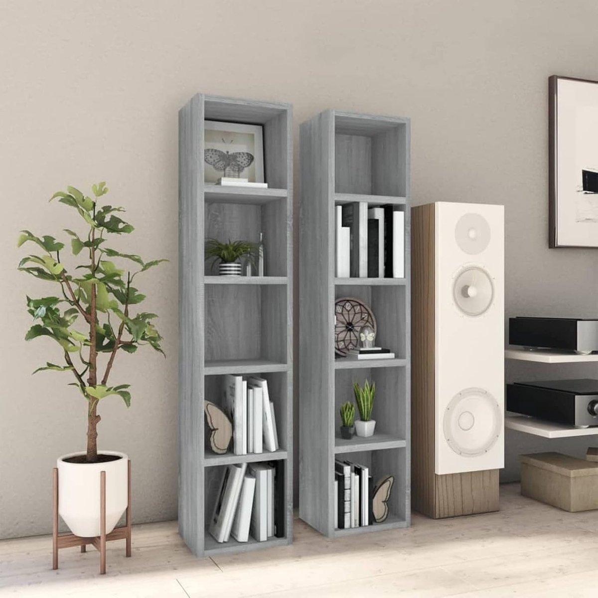 CD-rekken staander - Media opbergrek - Woonkamer kantoor - Robuust houtmateriaal - 2 stuks 21x16x935 cm - Grijs Sonoma