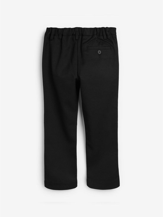 Achterkant van een rechte zwarte broek met elastische tailleband en een knoop.