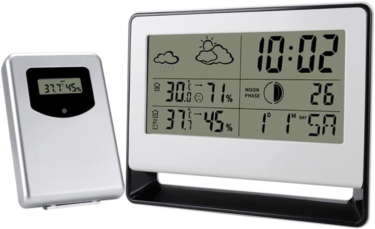 Weerstation Digitaal - Temperatuur Vochtigheid Meter - Binnen Buiten Meten - Groot LCD Scherm - 16x12.5cm Host - Wit Zwart