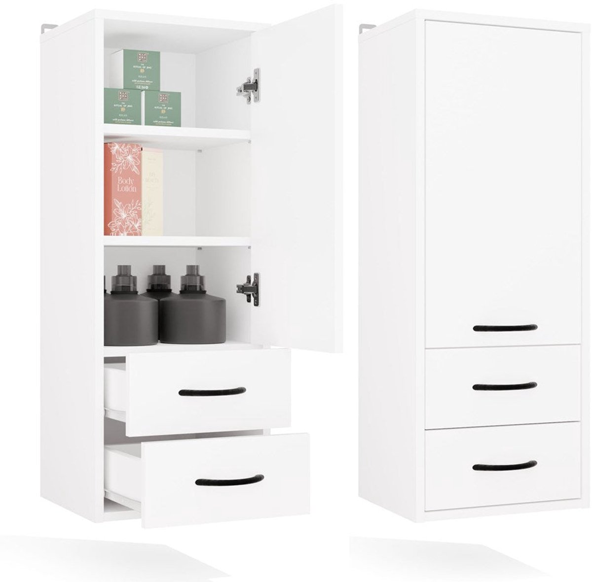 Badkamer hangkast met lades en deur - NINA W1D2S | Mat wit | 35x90x30 cm