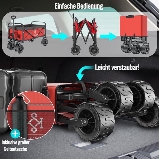 Opvouwbare Bolderkar - Handwagen Transportwagen - Buitengebruik Tuin Strand - 150 kg Draagkracht Brede Banden - 92x57x100 cm - Rood Grijs van Opvouwbare Bolderkar — afbeelding 3