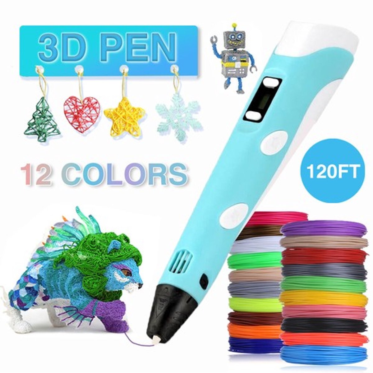 3D-printpenset, graffiti-printer en tekenset, inclusief 12 kleuren PLA-filament - blauw.
