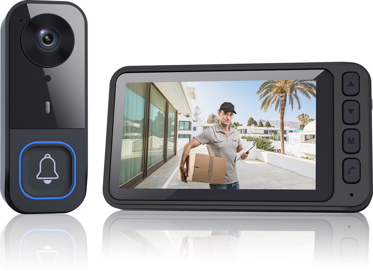 Draadloze Deurbel met Camera – 4.5” Scherm, Geen App of Wifi Nodig – HD Nachtzicht – 120° Groothoek – Tweeweg Audio – 1000mAh Batterij – IP65 Waterdicht – 720P Video-opname via MicroSD