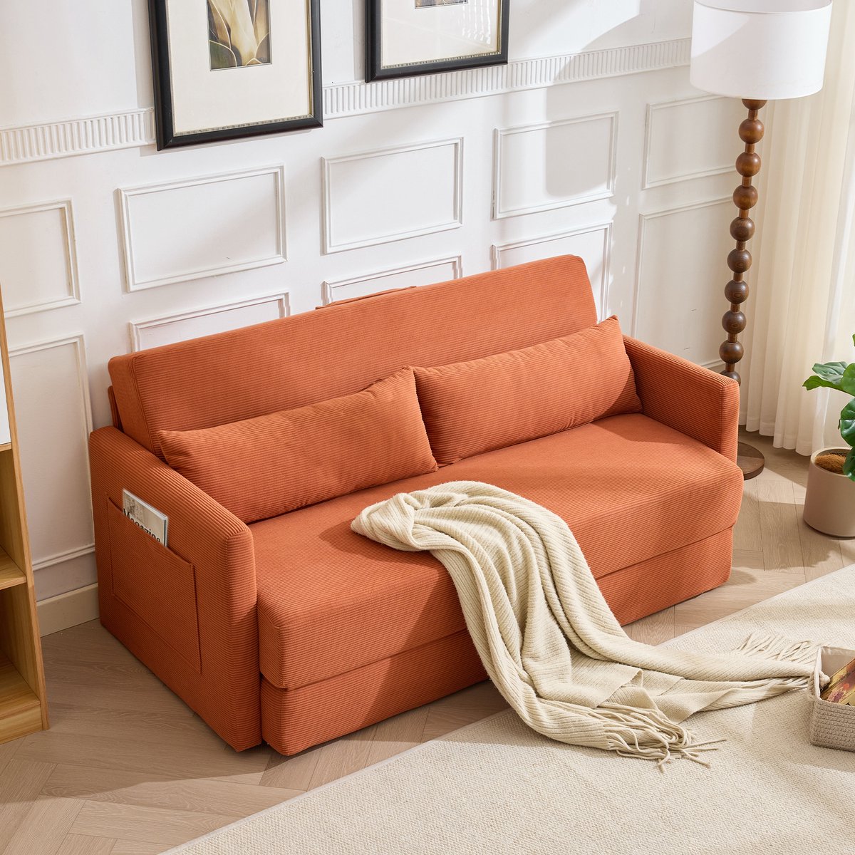 Wishdor - 2-Zits Slaapbank - Opklapbaar - Voor Kleine Ruimtes - Ribstof - Oranje - 165 X 92 X 82 Cm