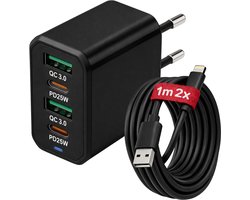 USB-C Snellader 50W 4-Poorts – QC 5.0 USB + PD3.0 USB-C – Inclusief 2x 1M Lightning Kabel – Geschikt voor iPhone 5 t/m 14 & iPad – Zwart