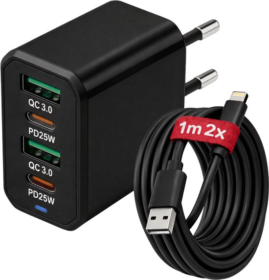 USB-C Snellader 50W 4-Poorts – QC 5.0 USB + PD3.0 USB-C – Inclusief 2x 1M Lightning Kabel – Geschikt voor iPhone 5 t/m 14 & iPad – Zwart