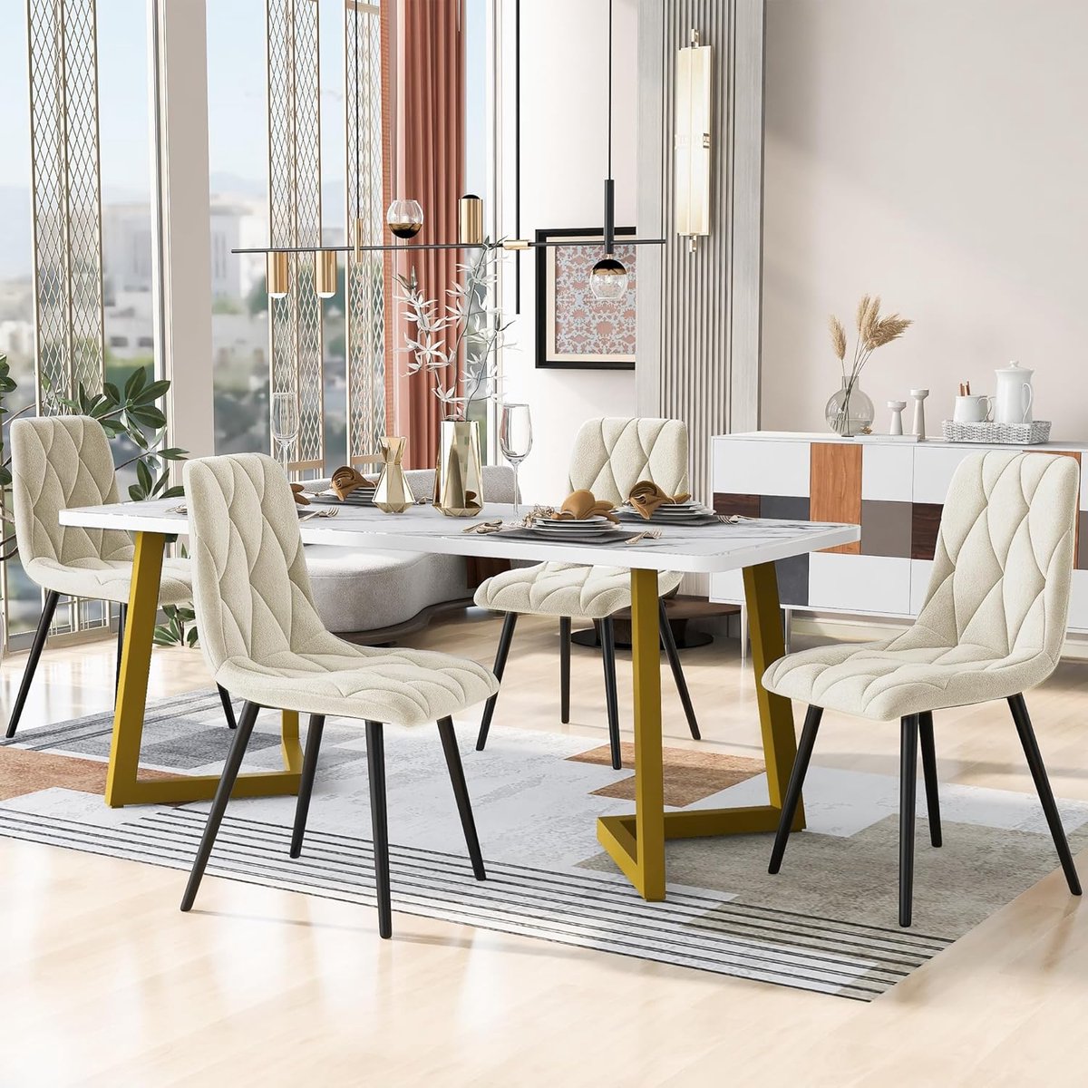 Eetgroep Set - Eettafel met stoelen - Moderne keuken - Marmerlook tafelblad - 117x68 cm -