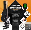 Complete starterset met een zwarte basgitaar, versterker, stemapparaat, kabels, plectrums en tas.