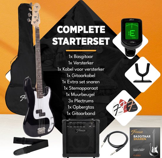 Complete starterset met een zwarte basgitaar, versterker, stemapparaat, kabels, plectrums en tas.