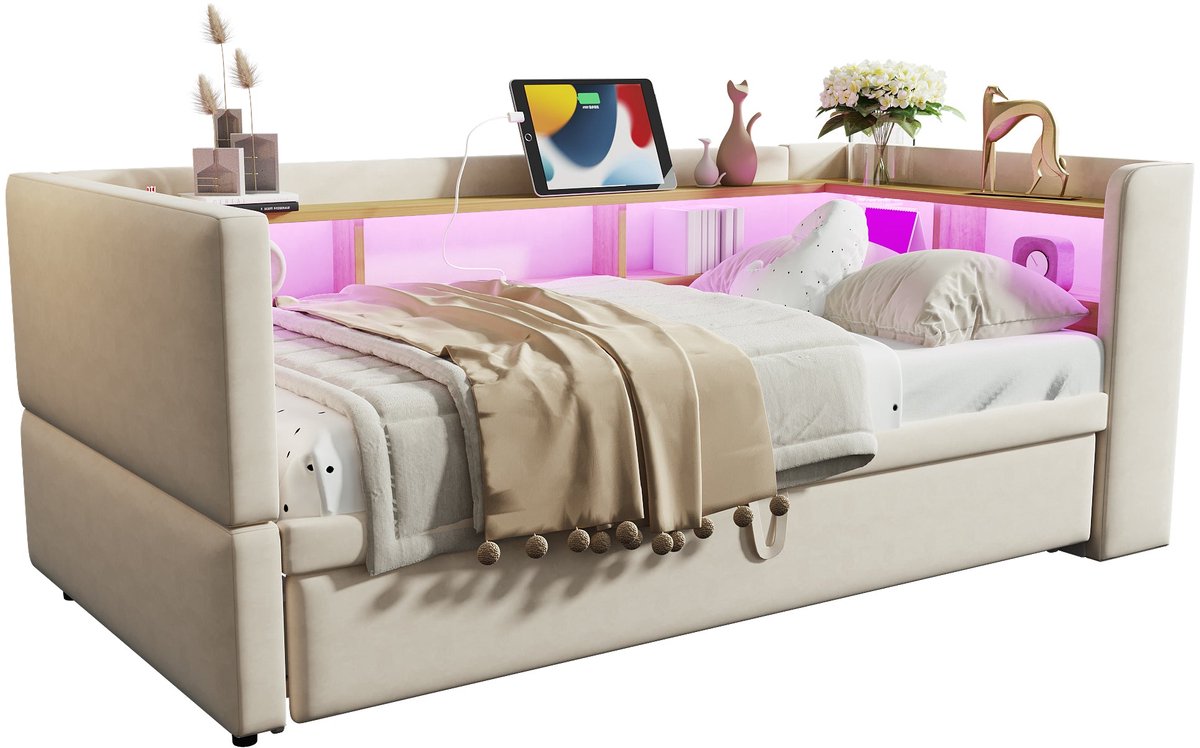 Merax Slaapbank 90/180x190 cm - Logeerbed Uitschuifbaar - LED Verlichting met Afstandsbediening - Stopcontacten en Opbergvakken - Gestoffeerd Bed - Houten Lattenbodem - Fluweel - Beige