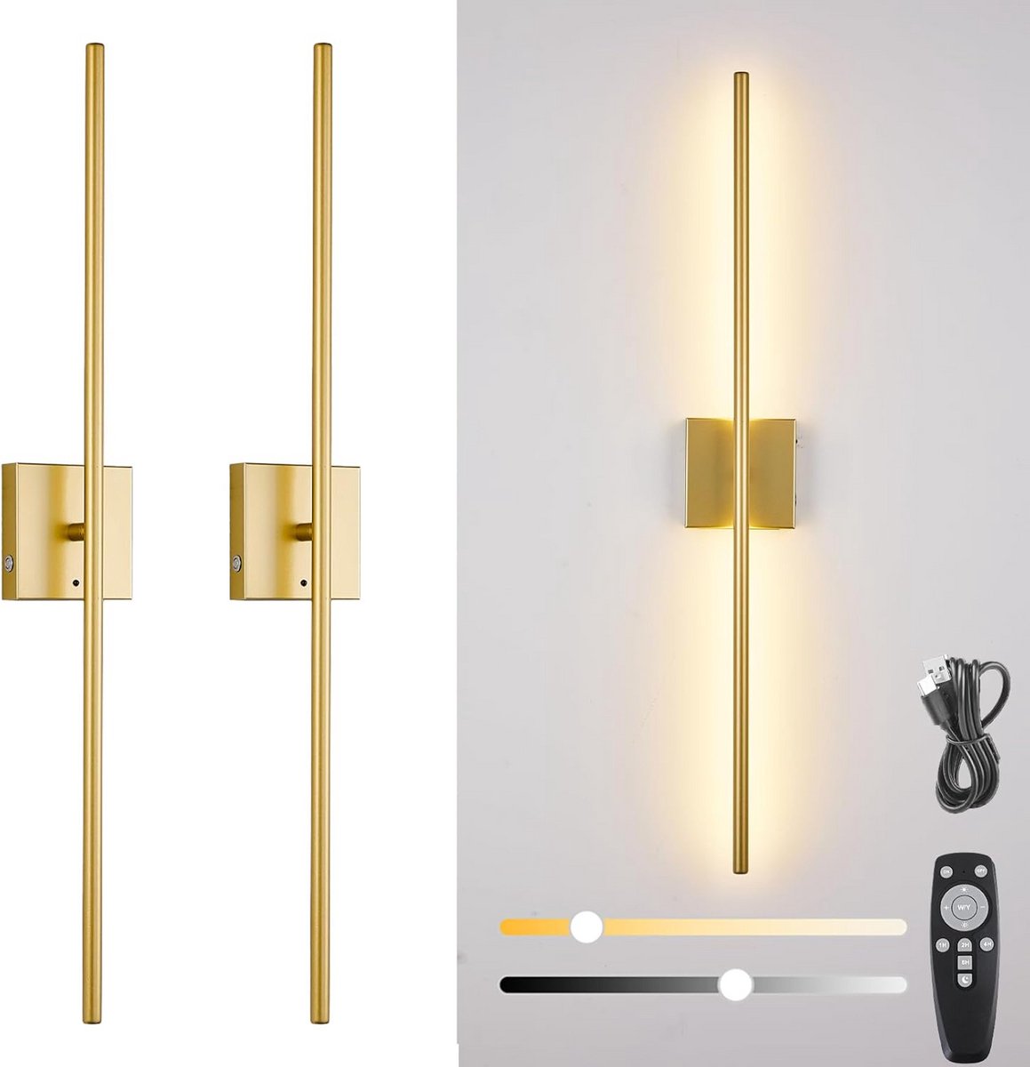 Oplaadbare USB Wandlamp Met Afstandsbediening - Draadloze LED Muurverlichting 3000K-6500K, Dimbaar, 360° Draaibaar, 2-Pack