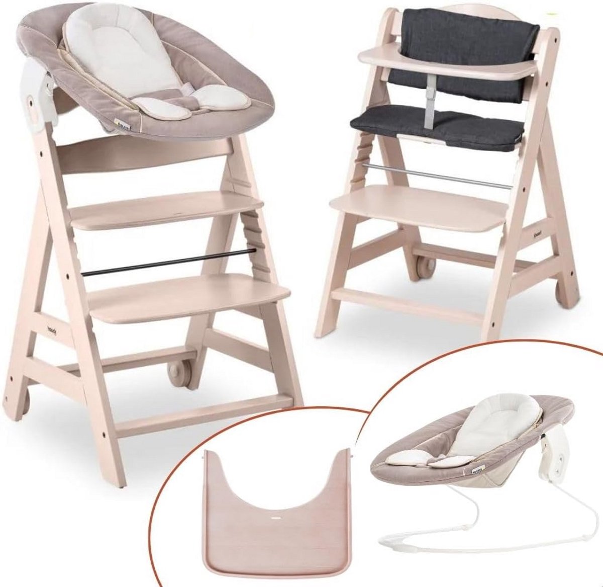 Hoge stoel met Newborn Set - Kinderstoel van Hout met Wipstoeltje, 2-in-1 Functie, Zitkussen en Dienblad - Whitewashed