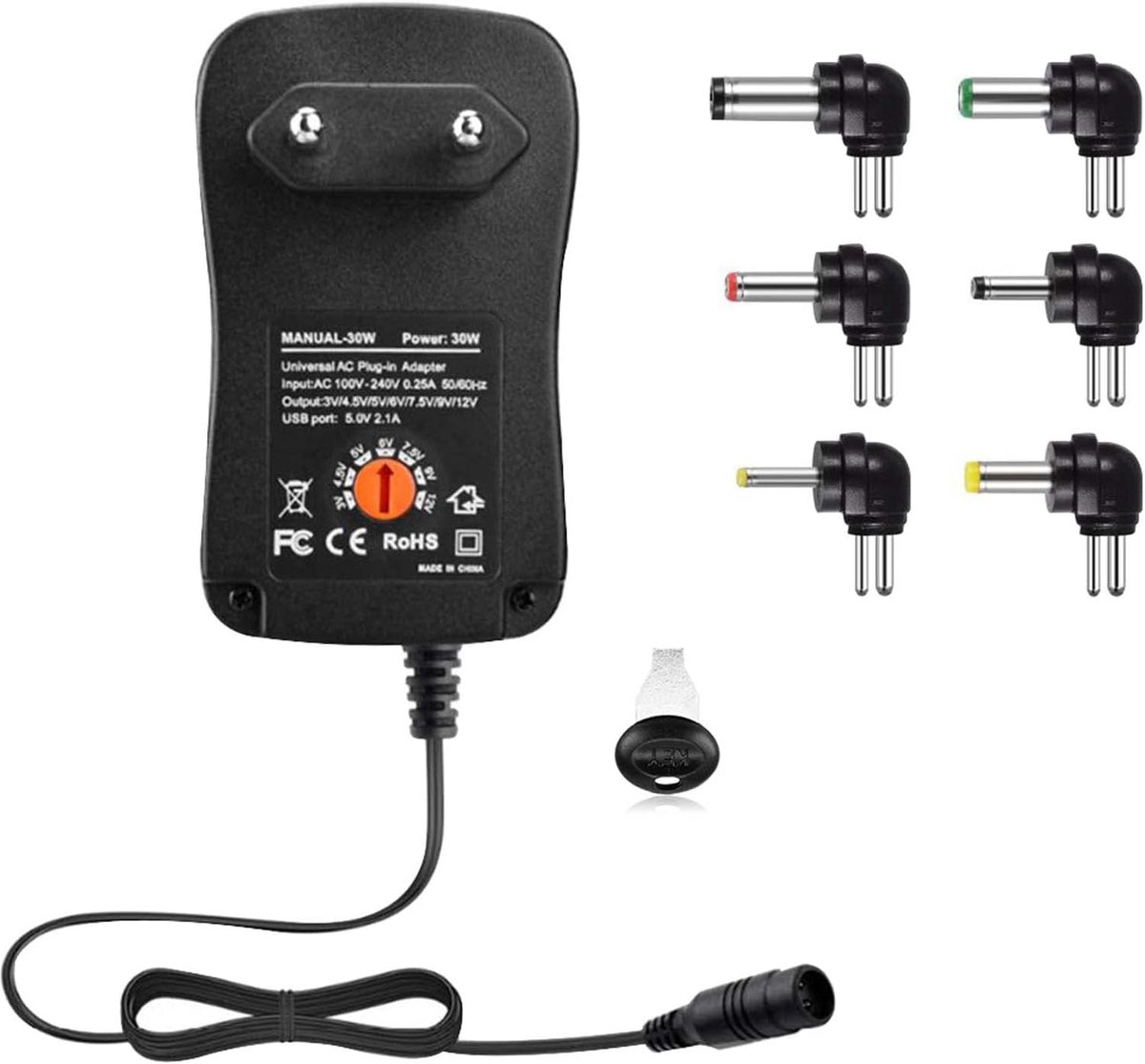 Universele oplader met 6 adaptertips voor diverse apparaten - 30W 3V tot 12V - 2000mAh