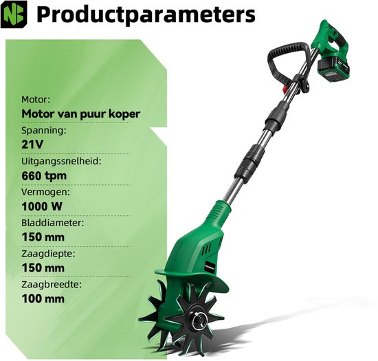 NewBeny Accu Grondfrees - Elektrische motorhak - 660 tpm Tuinfrees - met 2x Accu's - 15 cm grondbewerkingsdiepte, 10 cm bewerkingsbreedte van Newbeny — afbeelding 2