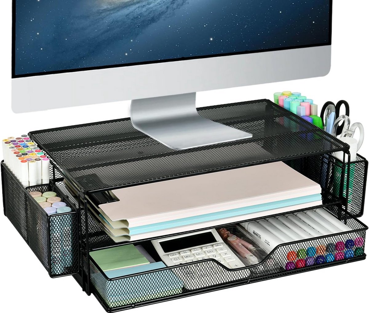 Metalen Computermonitor Stand met 2 Niveaus en Lade - Monitorverhoger voor Laptop en Computer
