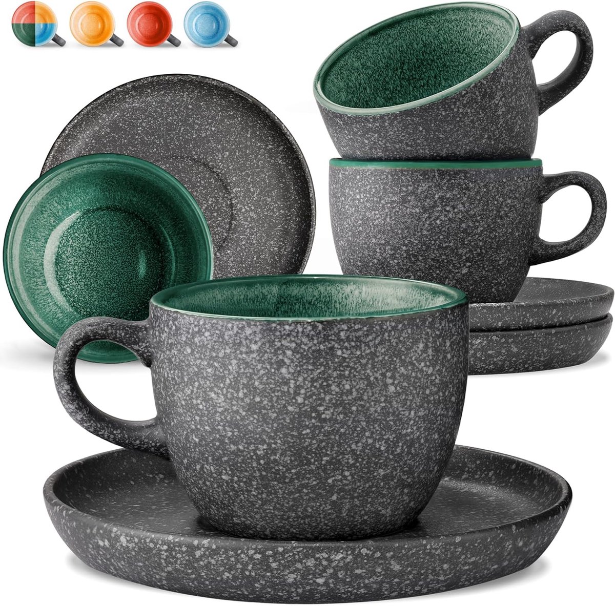 Cappuccino Kopjes met Onderzetten - Set van 2 - 200ml Keramische Koffiekopjes - Handgemaakt met Reactieve Glazuur - Houdt Warm voor Lange Tijd (Groen)