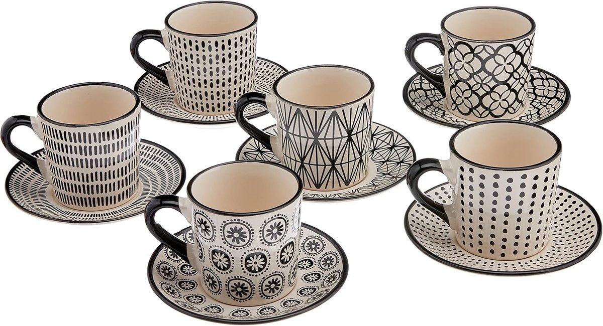 Set van 6 Multifunctionele Koffiekopjes met Bord - Steengoed, Zwart en Wit, 90 cc