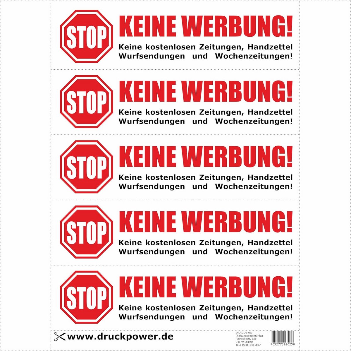 Geen reclame stickers voor brievenbussen - set van 4 x 5 verschillende ontwerpen