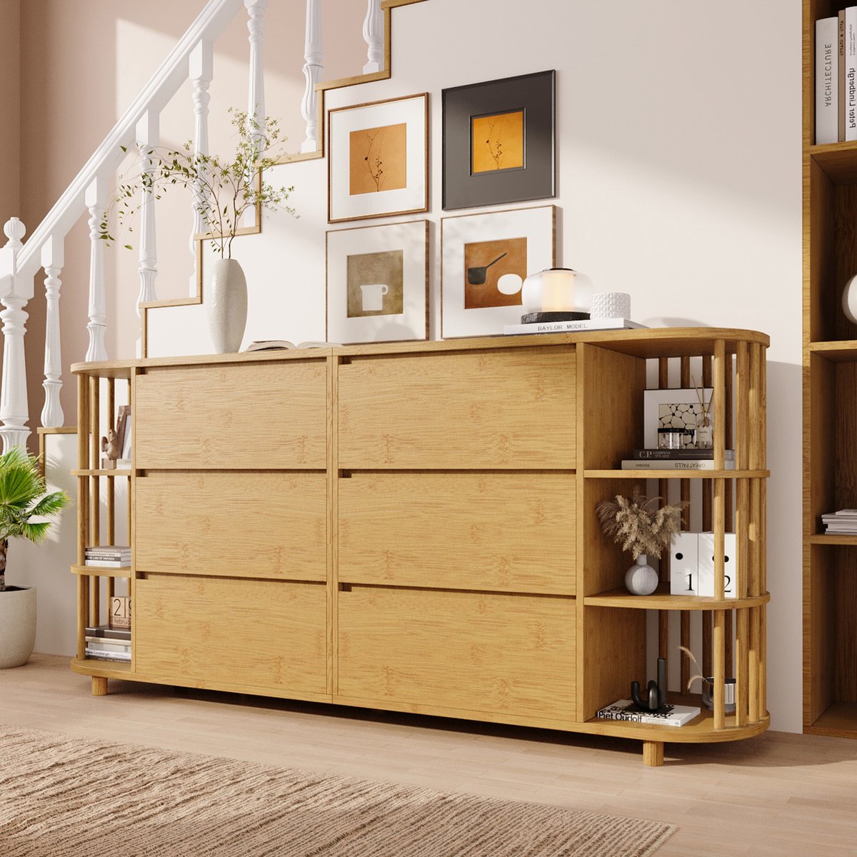 Wishdor Dressoir - 6 Lades En Open Bamboe Legplanken - Romeins Design Met Zuilen - Verstelbare Poten - Eiken Kleur - 160 X 40 X 75 Cm