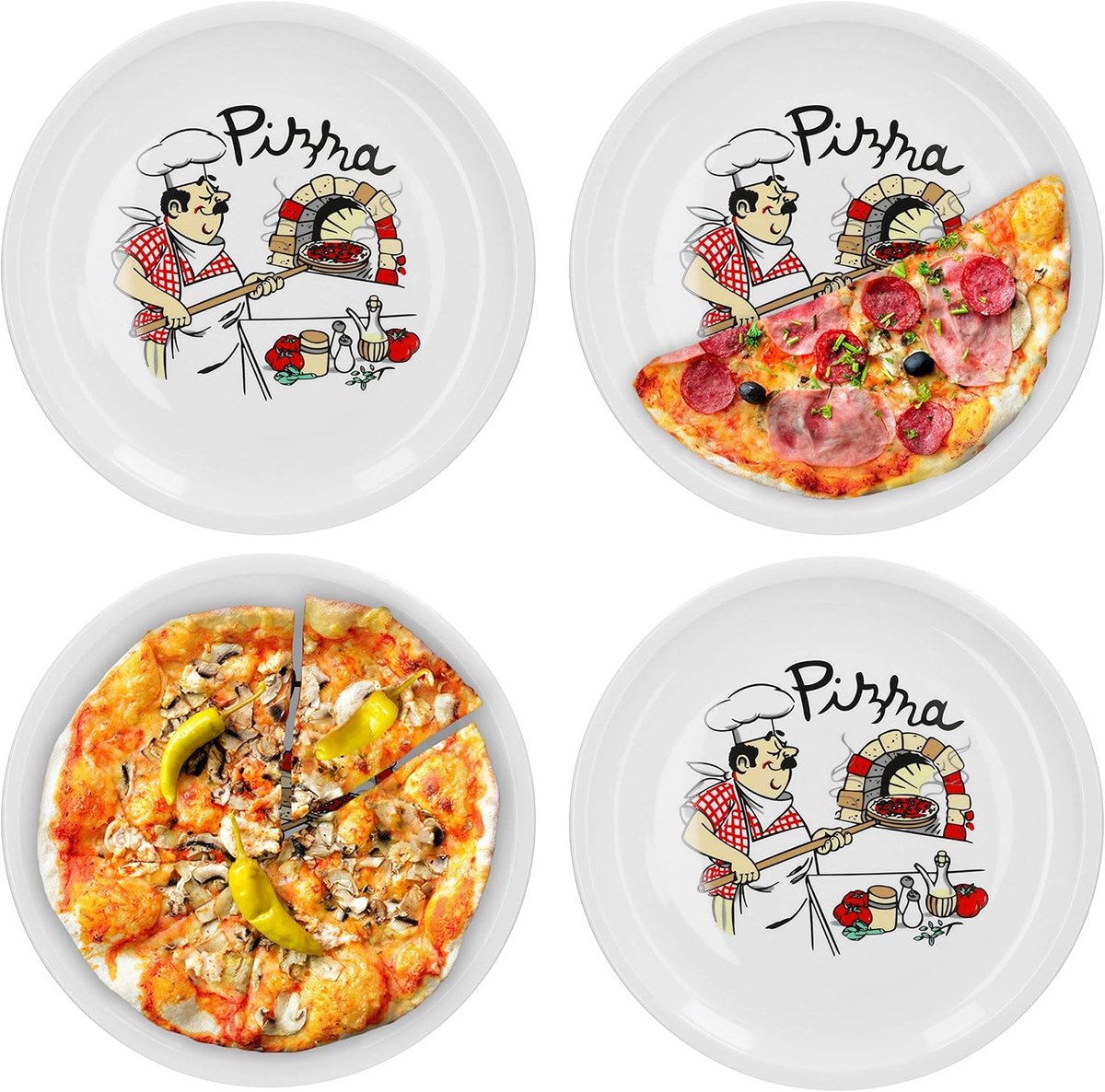 Set van 4 Italiaanse Pizzaborden - XL Porselein, Magnetronbestendig, Vaatwasmachinebestendig, Stapelbaar - Perfect voor Pizza en Pasta