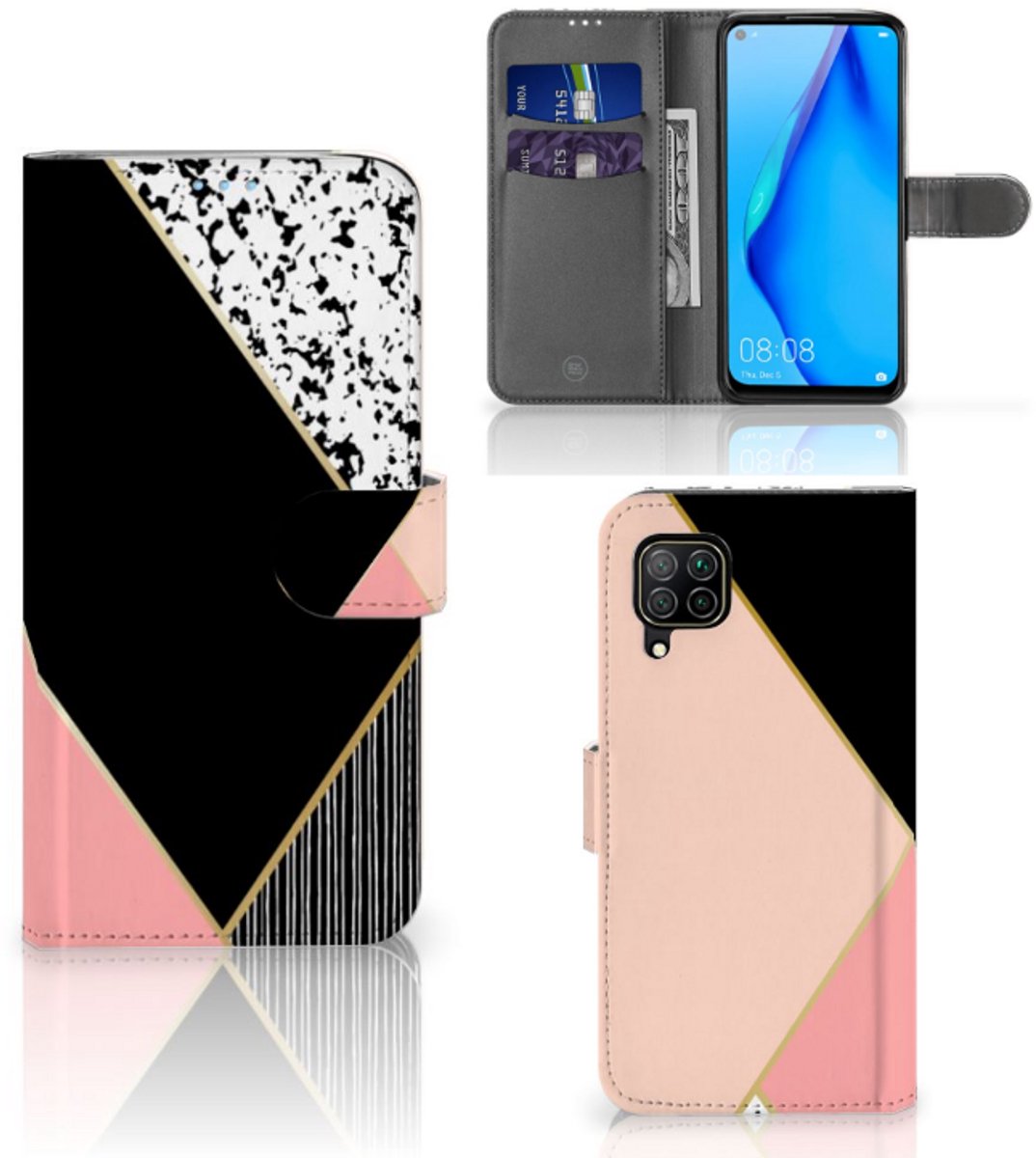 Huawei P40 Lite Book Case Zwart Roze Vormen