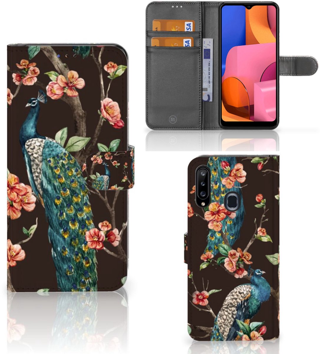 Samsung Galaxy A20s Telefoonhoesje met Pasjes Pauw met Bloemen