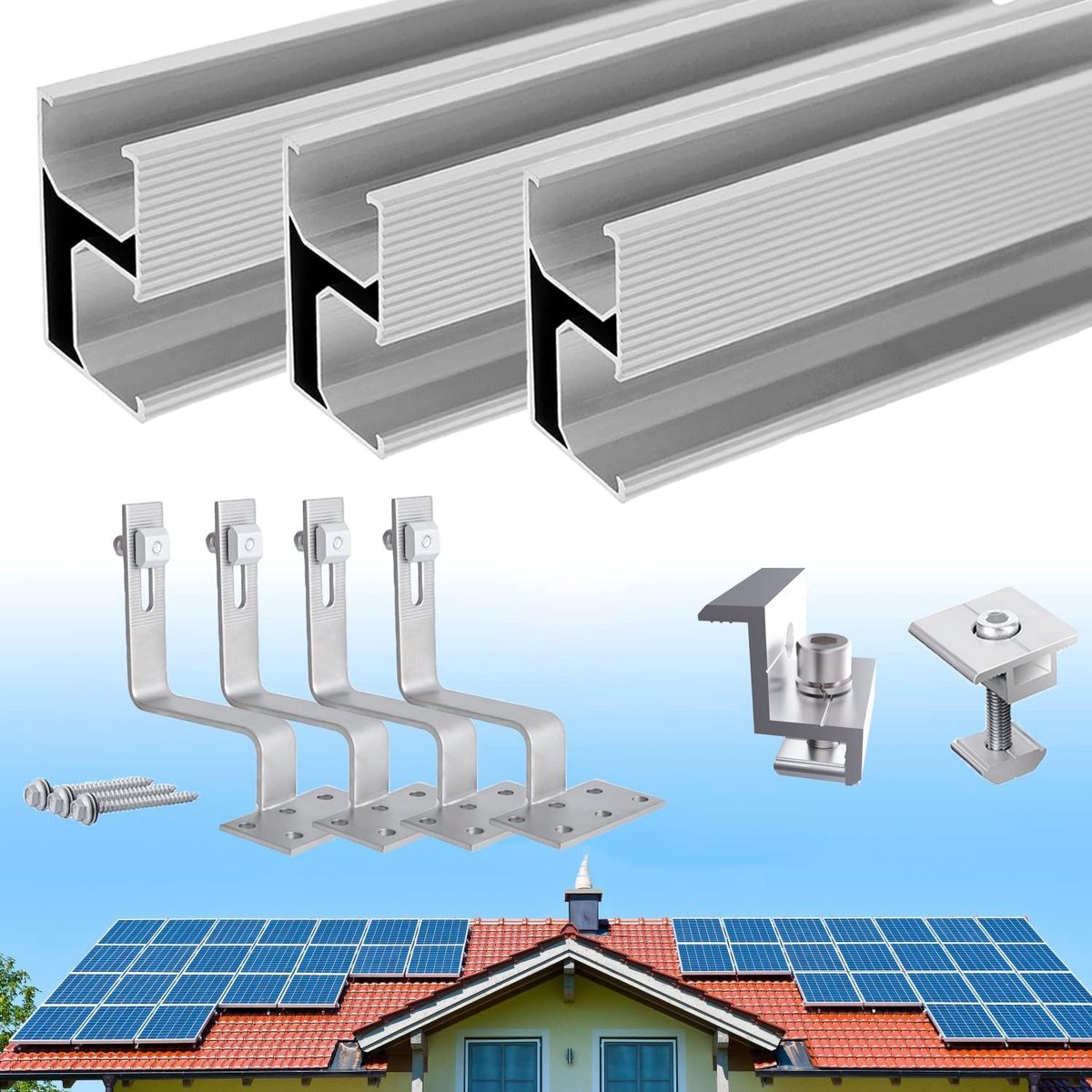 Zonnepaneelhouder voor baksteendak - Aluminium fotovoltaïsche montageset met dakhaken voor 4 modules