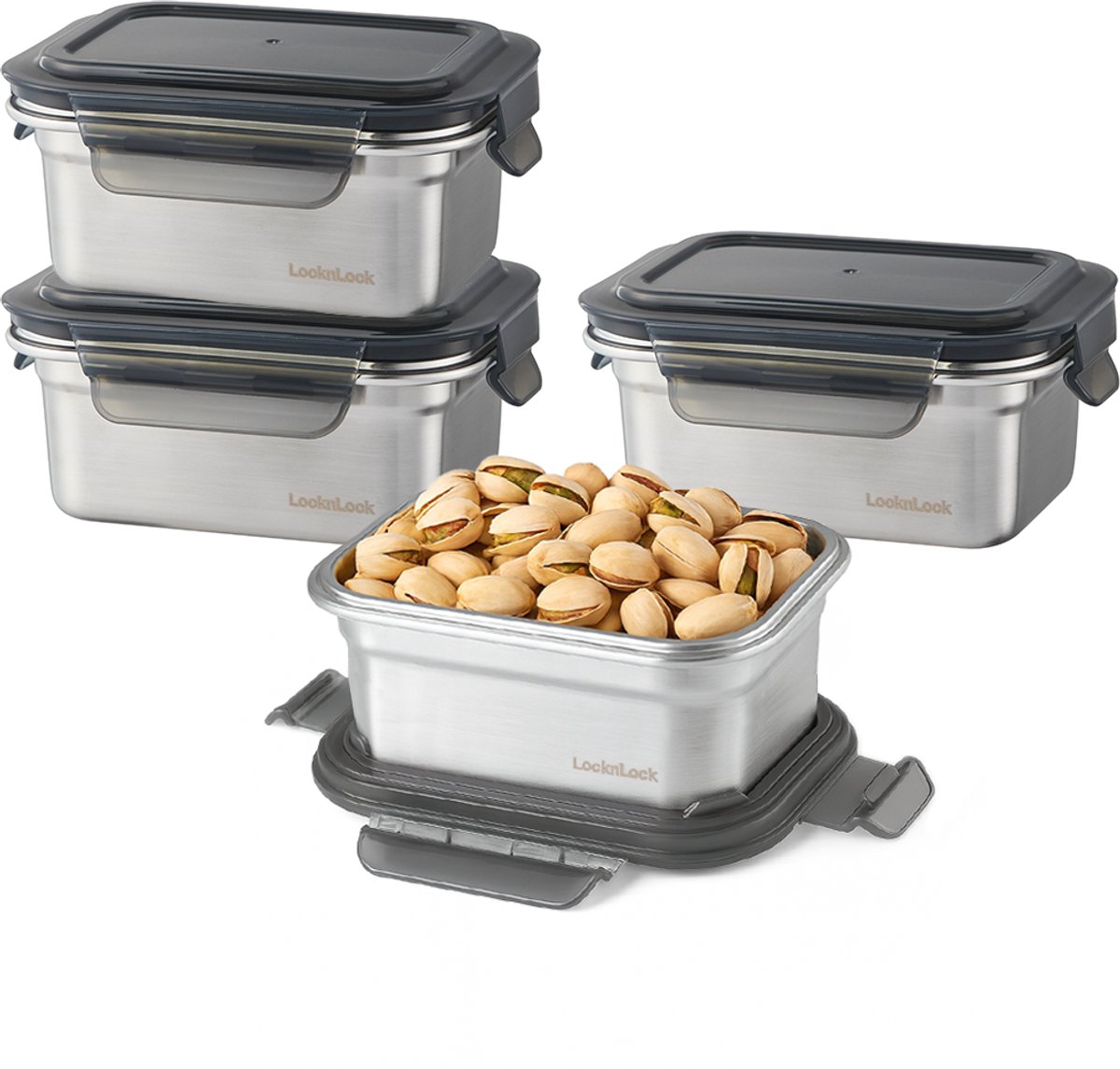 Lock&Lock RVS Vershoudbakjes met deksel - RVS bakjes - Bewaarbakjes - Diepvriesbakjes - Meal prep bakjes - Vershouddoos - RVS Snackbox - Snackdoosjes - Roestvrijstaal - Lekvrij - BPA vrij - PFAS vrij - Set van 4 stuks - 500 ml