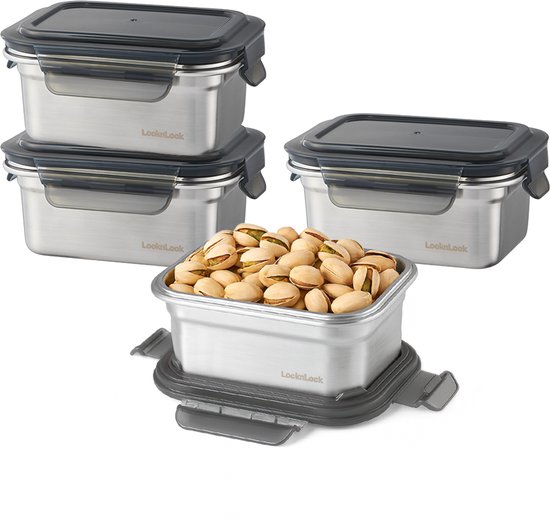 Lock&Lock RVS Vershoudbakjes met deksel - RVS bakjes - Bewaarbakjes - Diepvriesbakjes - Meal prep bakjes - Vershouddoos - RVS Snackbox - Snackdoosjes - Roestvrijstaal - Lekvrij - BPA vrij - PFAS vrij - Set van 4 stuks - 500 ml