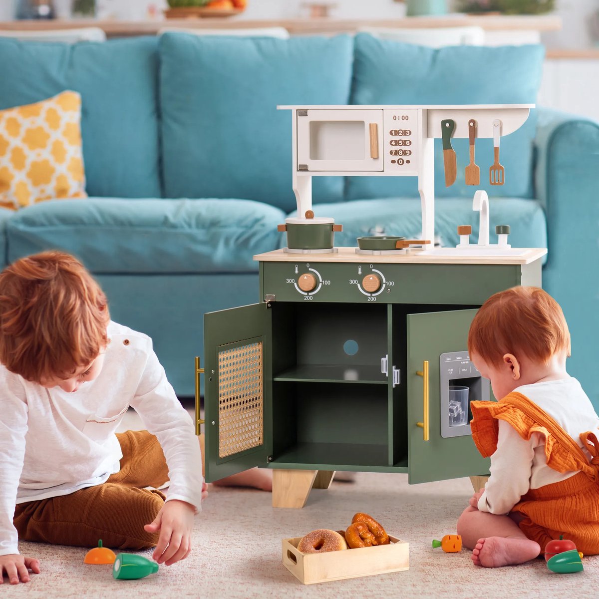 ROBOTIME-Wooden Kids Play Kitchen Set - Kids Kitchen Playset with Pretend Ice Cube Dispenser - WCF04 - Vintage Green - Wood — afbeelding 4