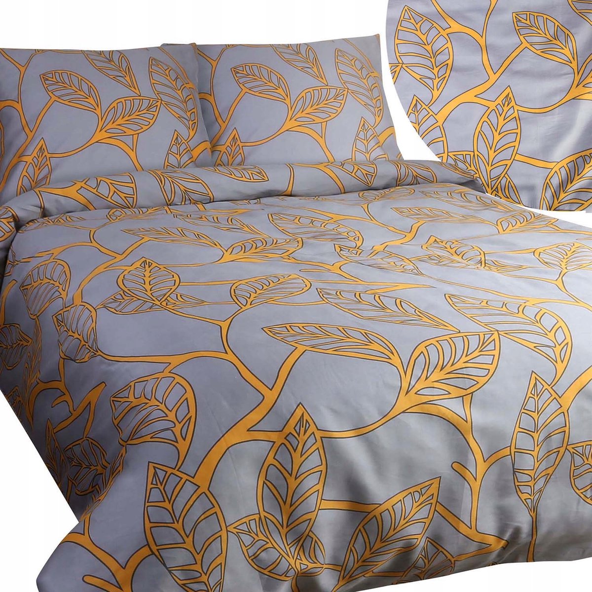 SATYNLOVE Katoenen Satijnen Dekbedovertrek Set 140x200 - Bladeren Grijs Geel