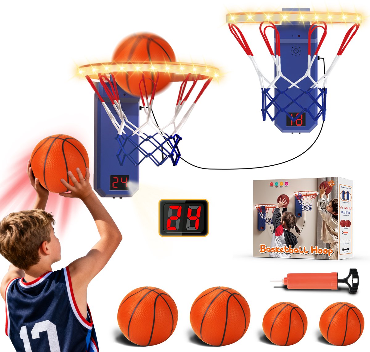 VATOS 2-Delig Mini Basketbal Set - Met LED Verlichting & Auto-Score Basketbalring - Zuignap Montage Spleegoed - Sportspel voor Kinderen 3-8 Jaar