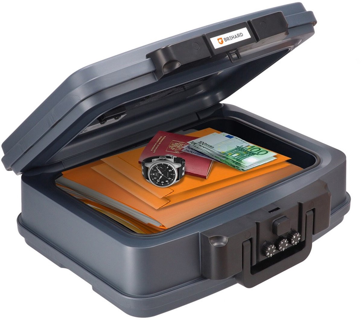 Brihard Portable Fire Chest 2125N - Brandwerende Documentenbox & Waterdichte Safe - A4 Formaat - UL 72 Gecertificeerd 30 Min - Mechanisch Cijferslot - Geldkistje & Reiskluis - Kantoor & School Archivering - Zwart - Vuurvaste Kluis - 13FIRE2125NC