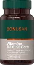BONUSAN Vitamine D3 & K2 - 120 Softgels - 75 mcg D3 & 90 mcg K2 - MK7 Biologisch Actief - In Extra Vierge Olijfolie - 3000 IE - Ondersteunt Botten en Calciumopname