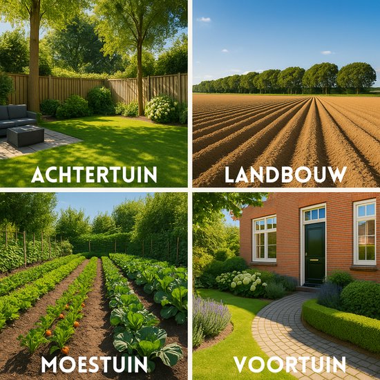 Collage van vier tuintypes: achtertuin, landbouwgrond, moestuin, voortuin. Toont toepassingen van de verjager.