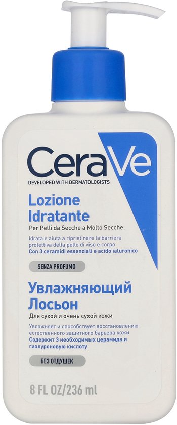 CeraVe Loziose Idratante, 236 ml, witte fles met blauwe pompdispenser. Met Italiaanse en Russische tekst.