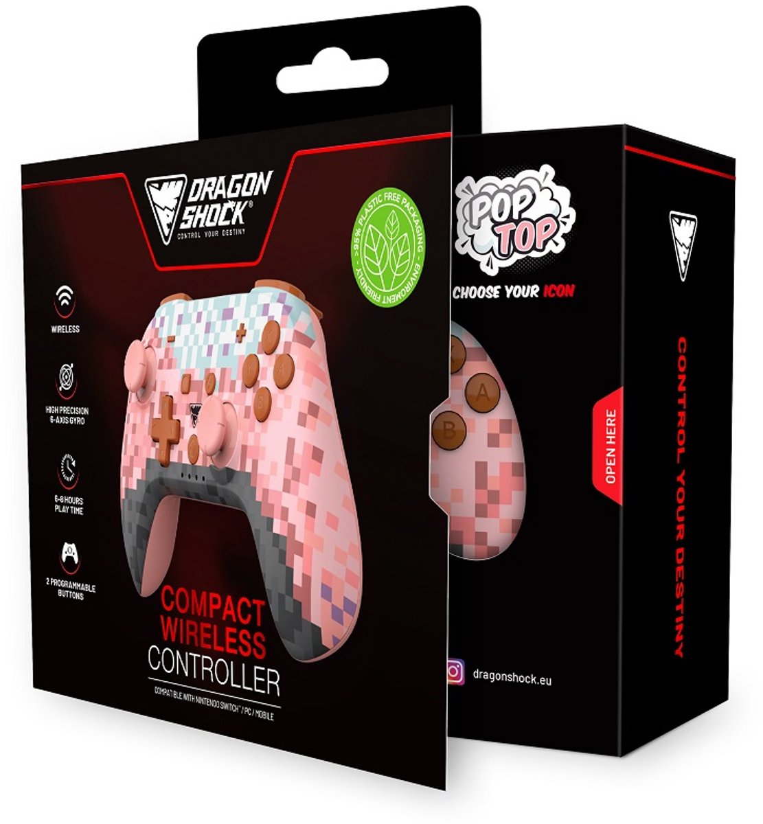 DragonShock - PopTop Compacte Bluetooth Draadloze Controller Roze Kubus voor Switch en Switch OLED thumbnail 4