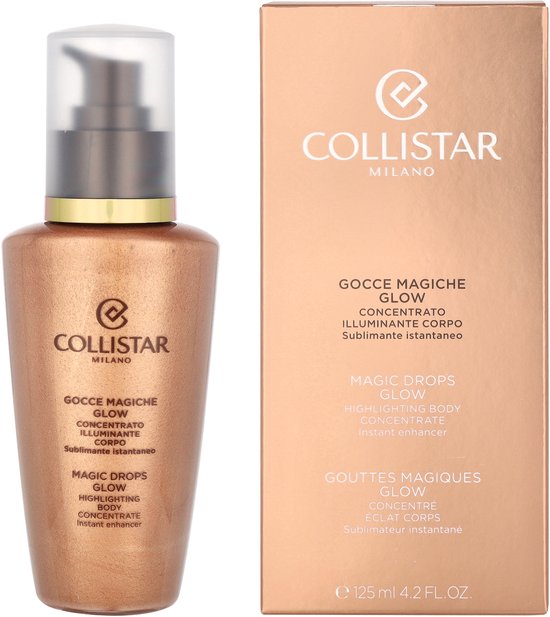Collistar flacon met pompdispenser en verpakking. Koperkleurig met glitters, tekst "Magic Drops Glow Highlighting Body Concentrate".