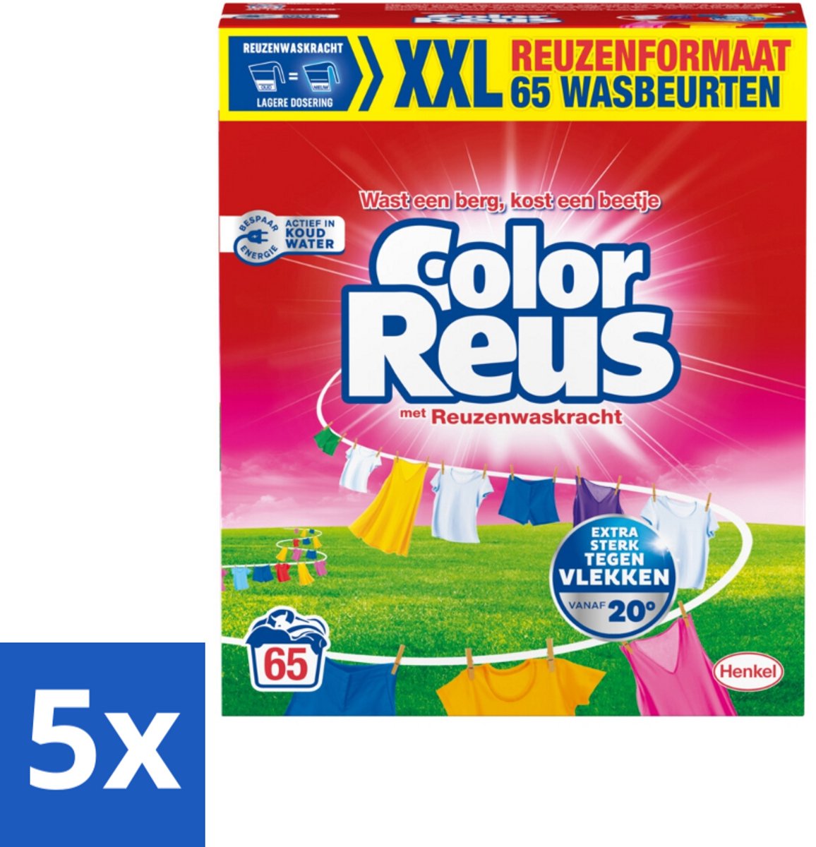 5 x Color Reus - Waspoeder - Gekleurde Was - 65 Wasbeurten - Kleurbehoud - Vlekverwijdering - Gekleurde Was - Waspoeder - Frisheid