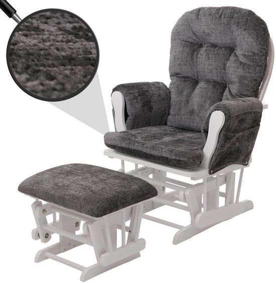 Relaxfauteuil MCW-C76, schommelstoel met hocker stof chenille (465g/m²) Oeko-Tex ~ donkergrijs, frame wit