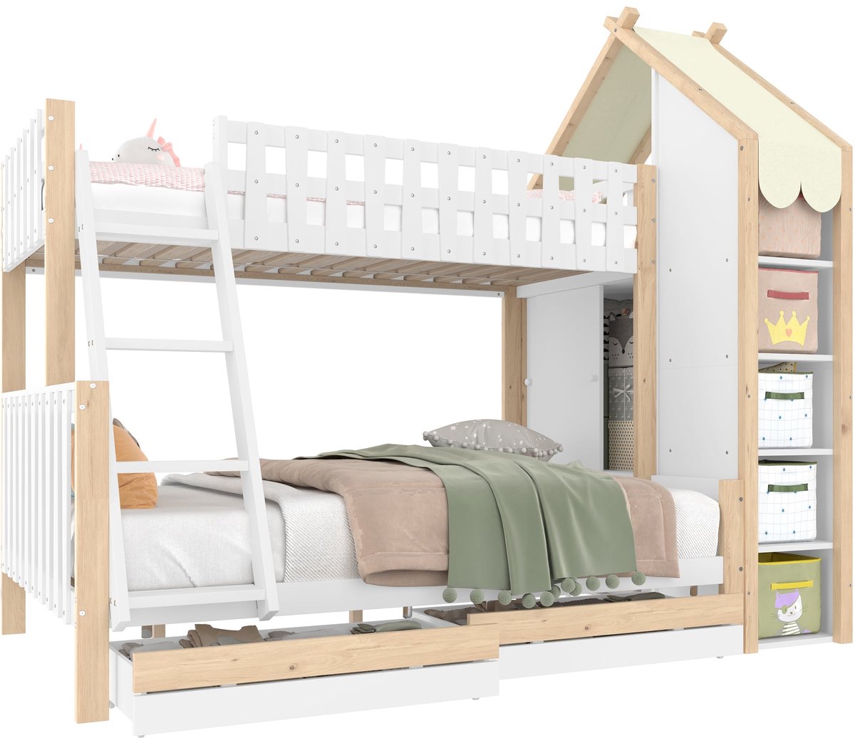Merax Stapelbed 90x200 en 140x200 – Kinderbed met Opbergruimte en Lades – Wit met Hout Bruin