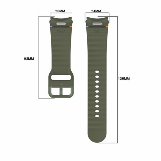 Groene smartwatchbanden, met afmetingen 20x92mm en 24x136mm, met golvend patroon.