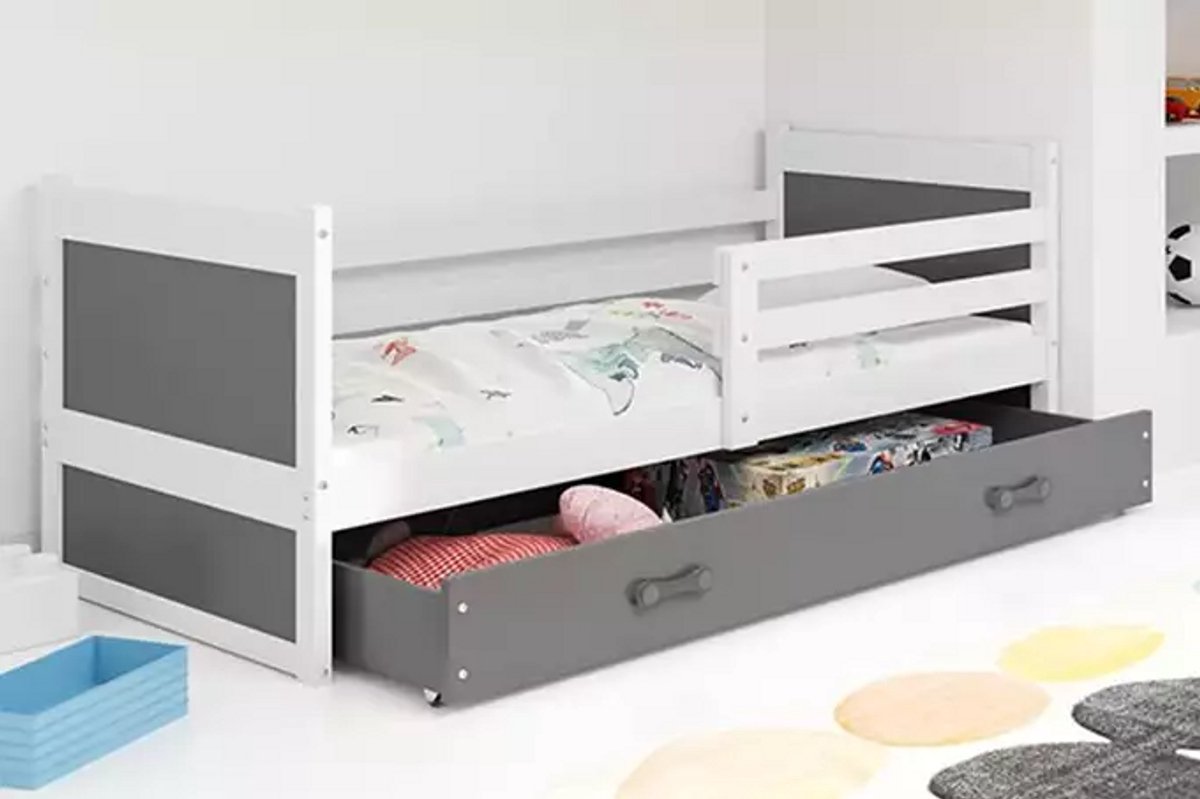 BMS RICO - Eenpersoonsbed - 90x200 cm - Wit/Graphiet - Inclusief Matras en Lade