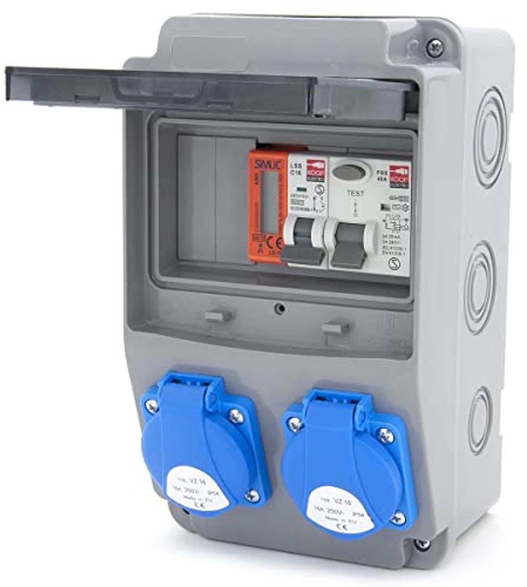 Bouwstroomverdeler 6NO met 2 x 230 V, LS C16, FI40 en elektriciteitsmeter voor veilig en efficiënt stroombeheer