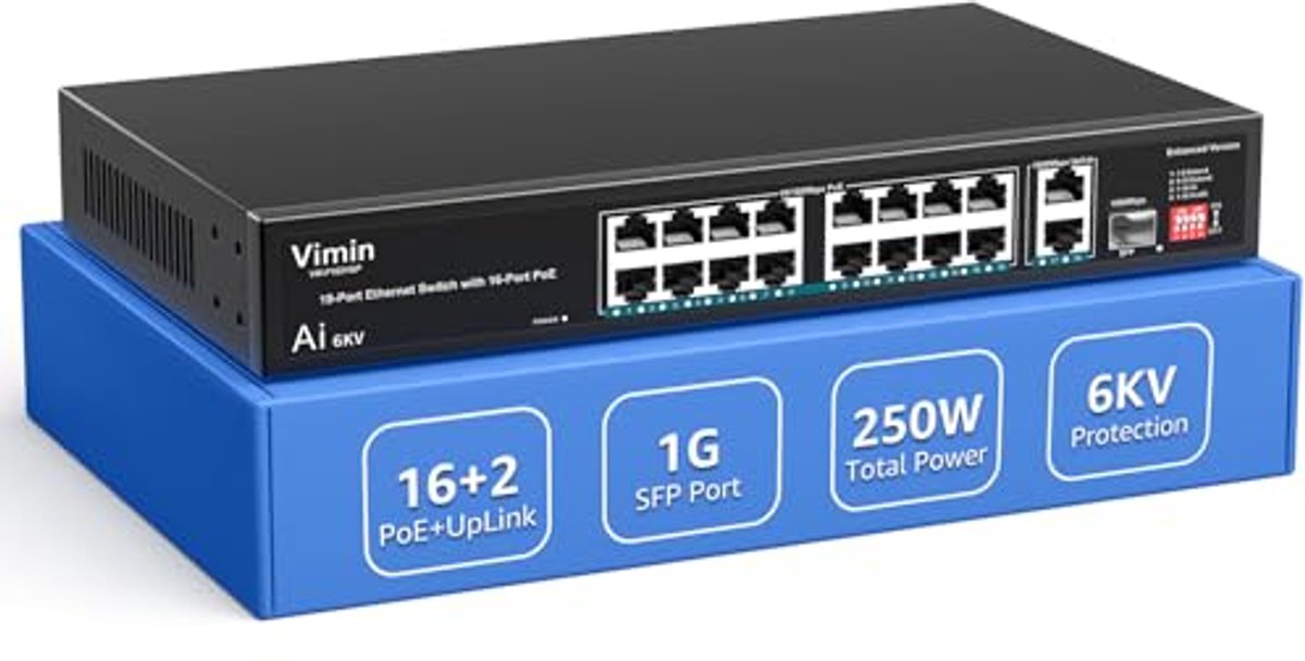16-poorts PoE-switch met 2 uplink gigabit poorten en 1 SFP - Onbeheerd 10/100Mbps netwerk met AI Watchdog en VLAN