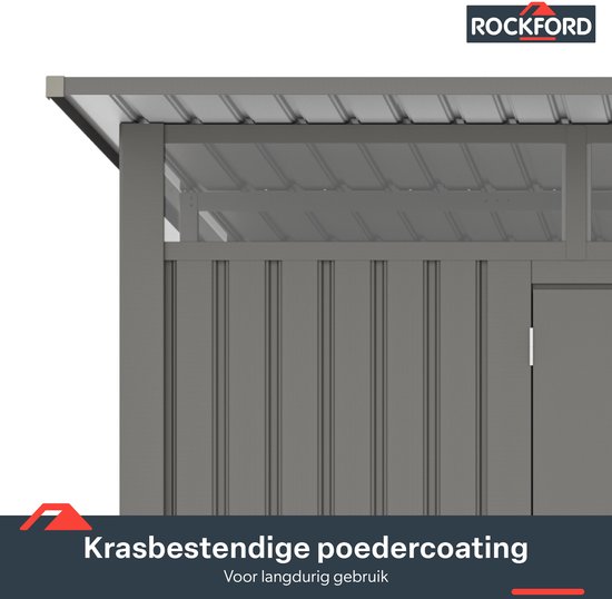 Rockford Porto 400 metalen tuinhuis met lessenaarsdak - Tuinschuur met centraal slot, polycarbonaat ramen en regenpijpen - 296 x 318 cm - Grijs