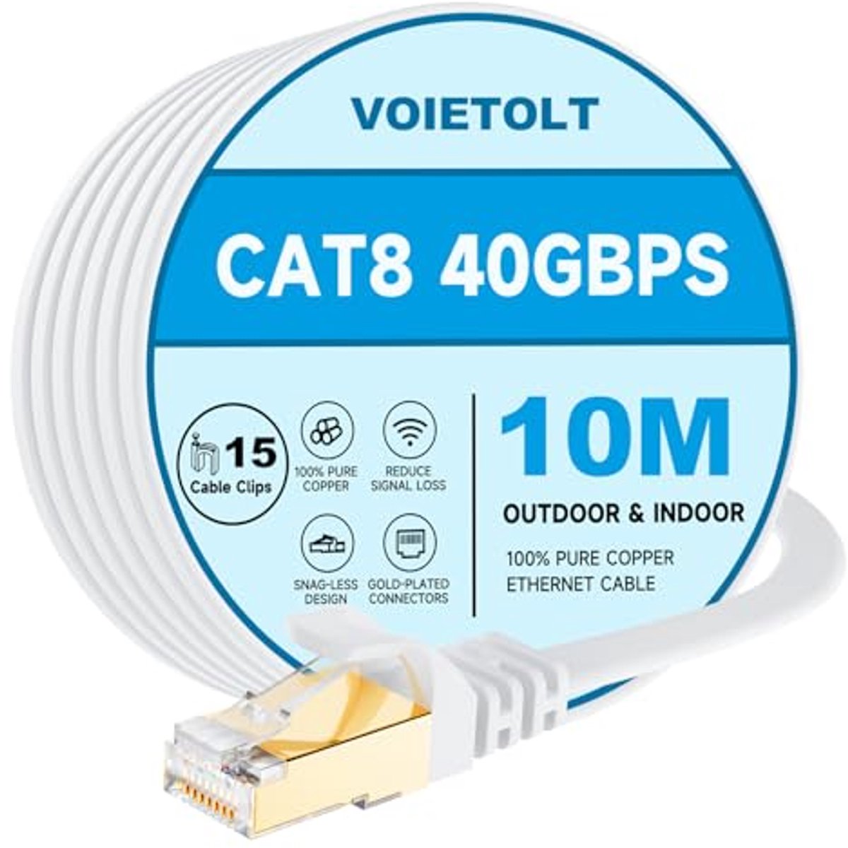 Cat8 LAN-kabel 10 m met clips - 40 Gbps/2000 MHz - Afgeschermde netwerkkabel voor gaming en router (wit)