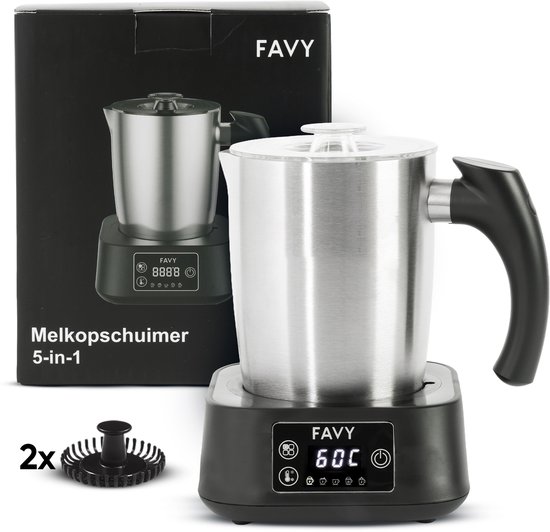 Favy Pro Elektrische Melkopschuimer – 5-in-1 – 500 ml – Vaatwasserbestendig – Digitaal Display & Temperatuurregeling – Inclusief 2 Gardes – Melkopschuimer & Melkverwarmer – Zwart RVS